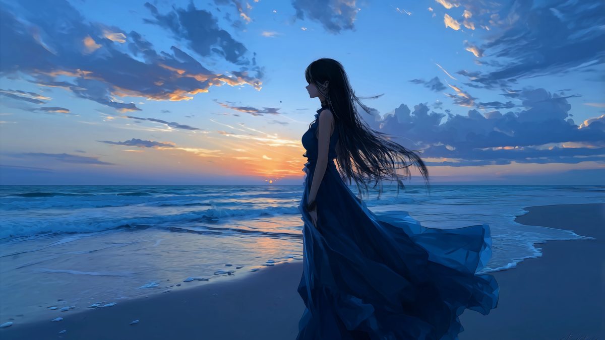 Woman in a blue dress on a beach at sunset